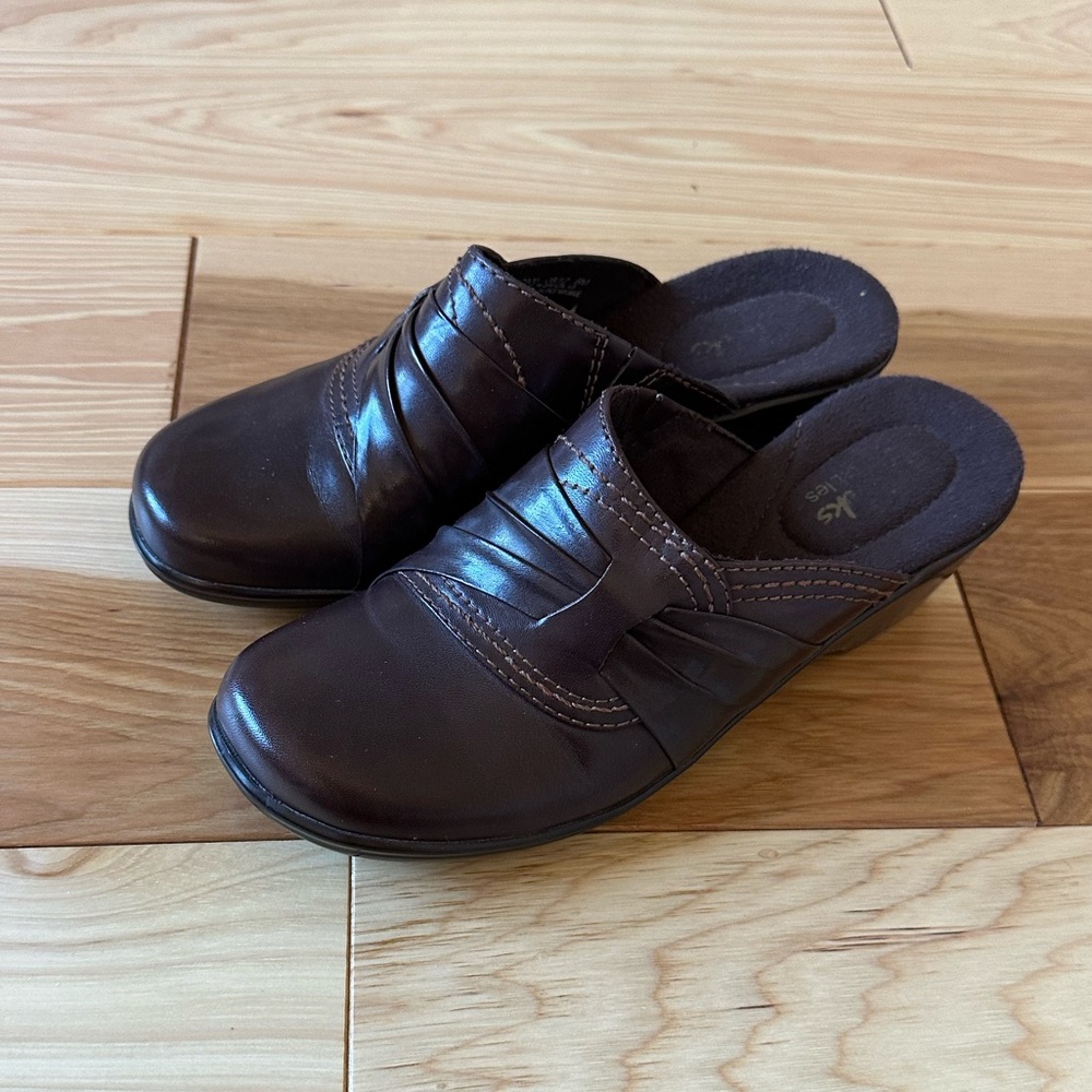 Brown leather clogs
